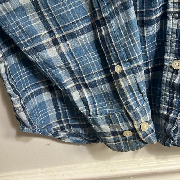 LRL 100% linen women’s Medium blue plaid long sleeve button up shirt, preppy - Picture 4 of 11